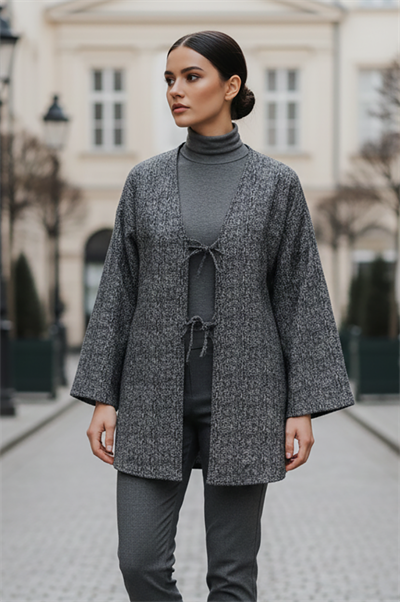 Antrasit Kırçıllı Önü Bağlamalı Kimono Tunik / Likralı Ütü İstemez Kumaş