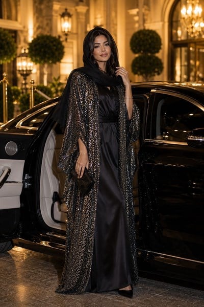 Antrasit Pul Payetli Abaya Tesettür Abiye Ferace Uzun Ceket Kimono Büyük Beden Uyumlu