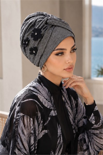 Antrasit Simli Çiçek Detaylı Abiye Burgu Bone