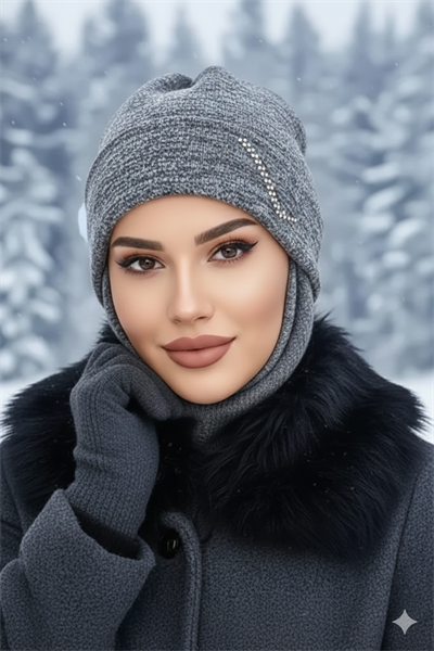 Antrasit Taşlı Maskeli Bere