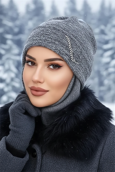 Antrasit Taşlı Maskeli Bere