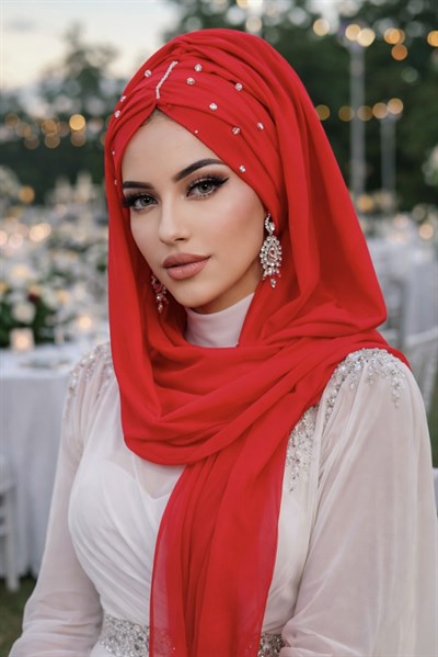 Ateş Kırmızı Taşlı Büzgü Model Hazır Abiye Şal