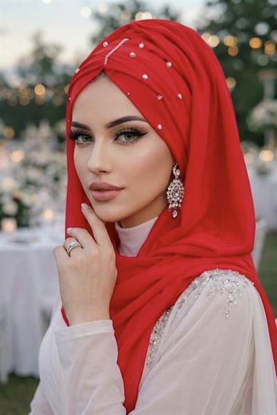 Ateş Kırmızı Taşlı Büzgü Model Hazır Abiye Şal