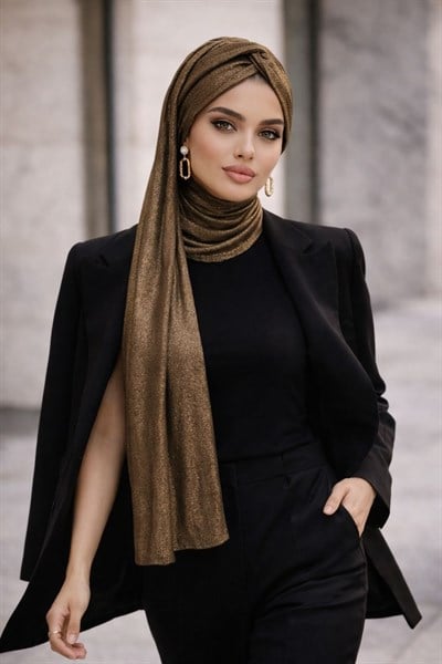Bakır Işıltılı Burgu Model Hazır Abiye Şal 
