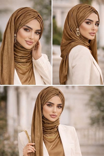 Bakır Işıltılı Burgu Model Hazır Abiye Şal 