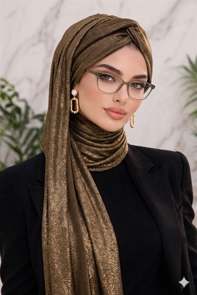 Bakır Işıltılı Burgu Model Hazır Abiye Şal 