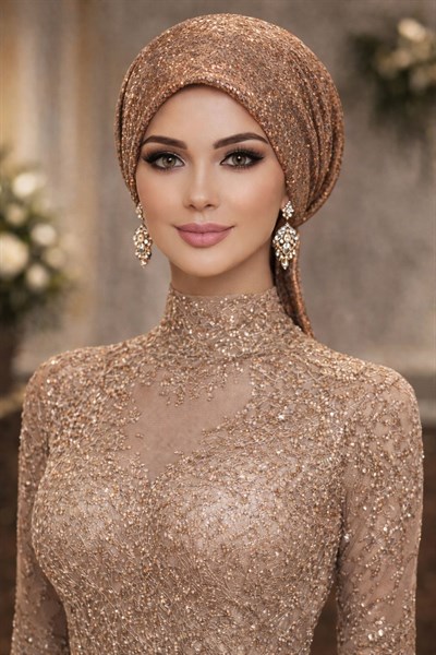 Bakır Simli Abiye Eşarp Bone