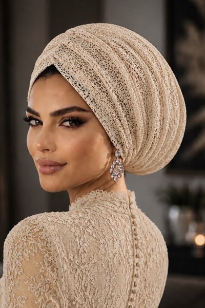 Başak Sarı Dantel Çift Katlı Drapeli Büzgülü Salaş Bone