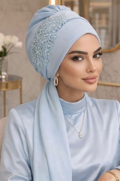 Bebe Mavi Nakışlı Atkılı Abiye Bone