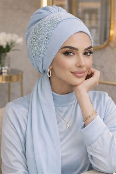 Bebe Mavi Nakışlı Atkılı Abiye Bone