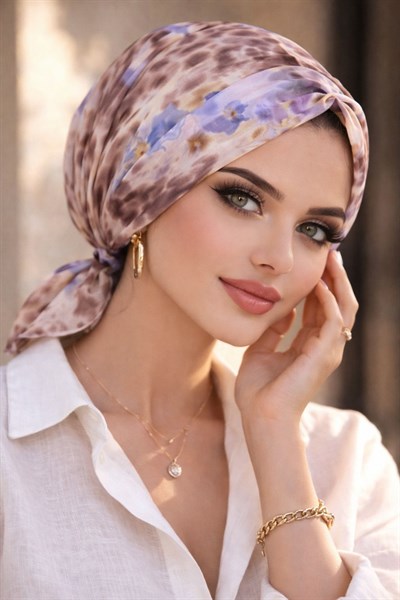 Bej Batik Çiçek Desen Tül Tokalı Bone