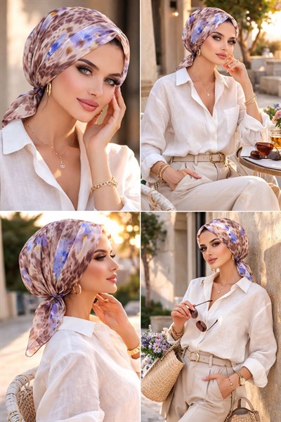 Bej Batik Çiçek Desen Tül Tokalı Bone