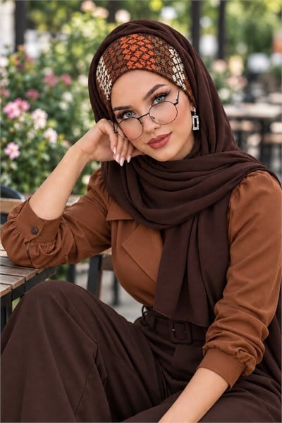 Kahve Çizgili Ajurlu Triko Bandana Şal