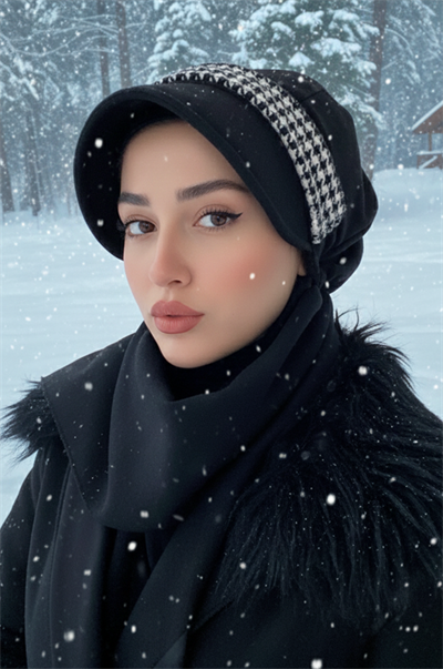 Siyah Kazayağı Detaylı Atkılı Tesettür Şapka