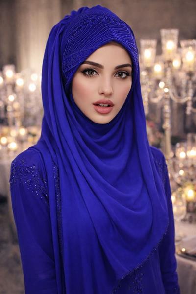 Saks Mavi Flok Baskılı Hazır Abiye Şal