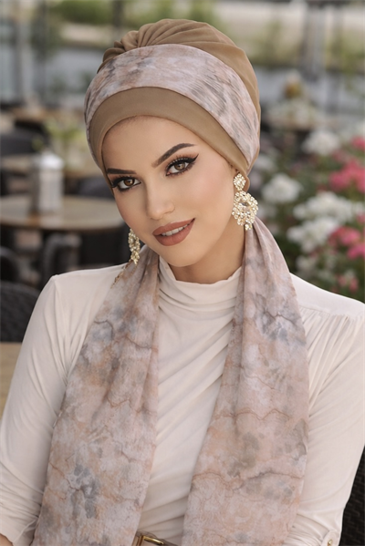 Bej Ebruli Desen Fularlı Bone