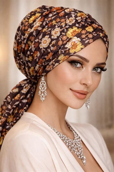 Bej Kahve Çiçek Desen Tokalı Bone