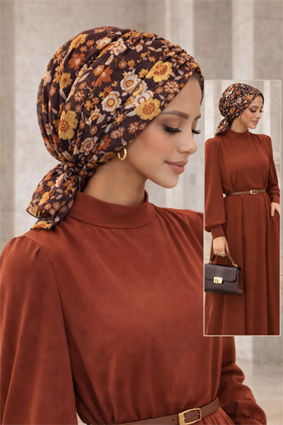 Bej Kahve Çiçek Desen Tokalı Bone