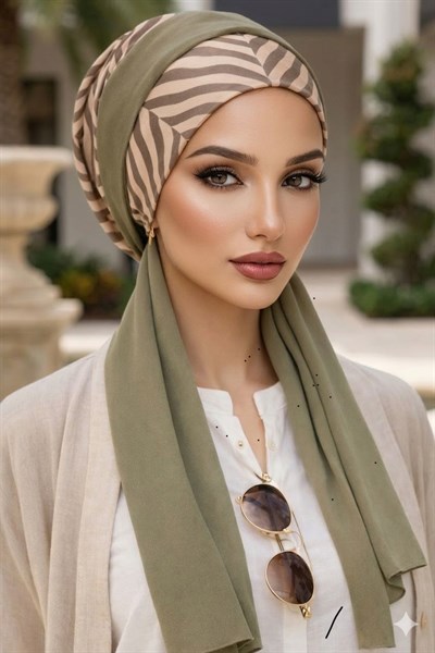 Bej Kahve Desen Haki Fularlı Bone