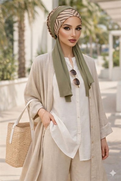 Bej Kahve Desen Haki Fularlı Bone