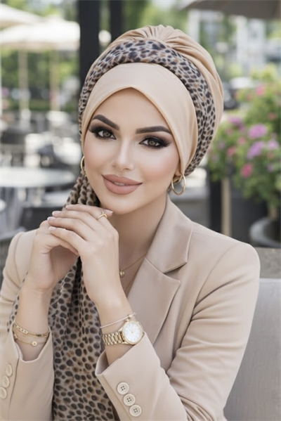 Bej Kahve Desen Fularlı Bone