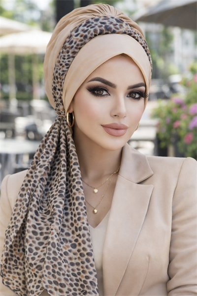 Bej Kahve Desen Fularlı Bone