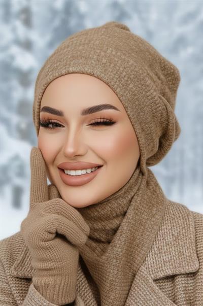 Bej Melanj Tesettür Bere Ve Etol Takım