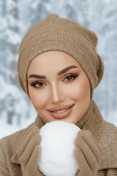 Bej Melanj Tesettür Bere Ve Etol Takım