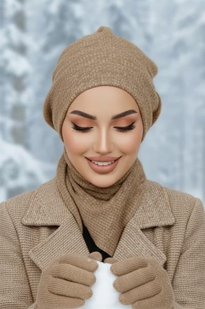 Bej Melanj Tesettür Bere Ve Etol Takım