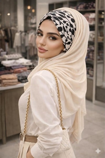 Bej Siyah Desenli Büzgülü Hazır Şal