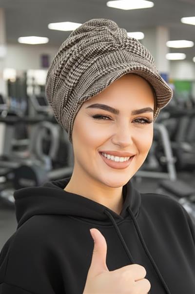 Bej Siyah Ekose Tesettür Şapka