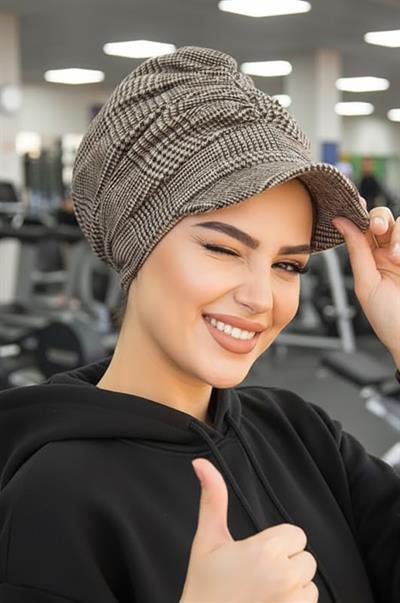 Bej Siyah Ekose Tesettür Şapka
