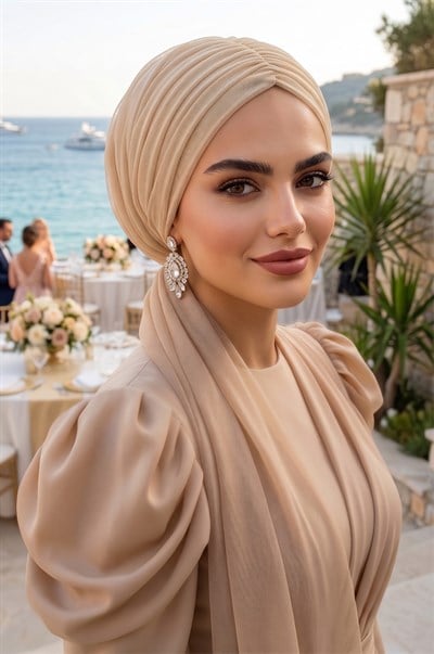 Bej Tül Büzgülü Dolama Bone