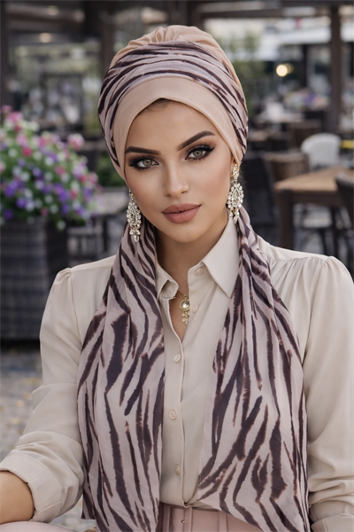 Bej Zebra Desen Fularlı Bone