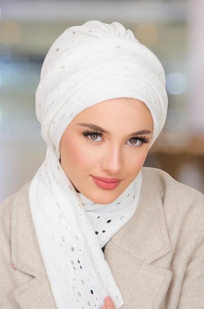 Beyaz Ajurlu Atkılı Tesettür Bone