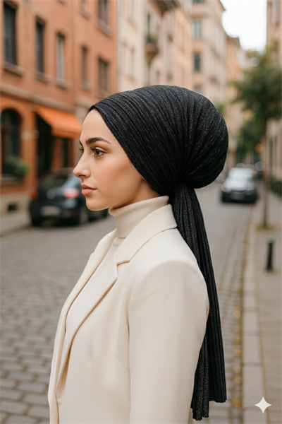 Siyah Gümüş Işıltılı Eşarp Bone