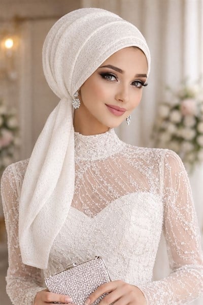 Beyaz Dantel Abiye Atkılı Bone