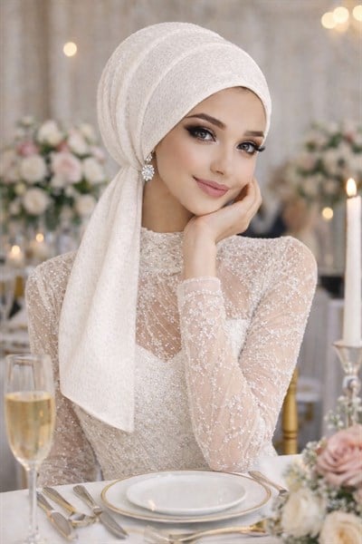 Beyaz Dantel Abiye Atkılı Bone