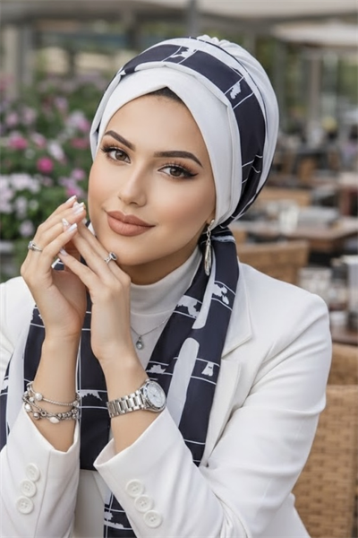 Beyaz Desen Fularlı Bone