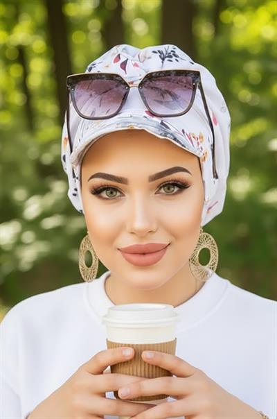 Beyaz Gri Çiçek Desen Şapka Bone