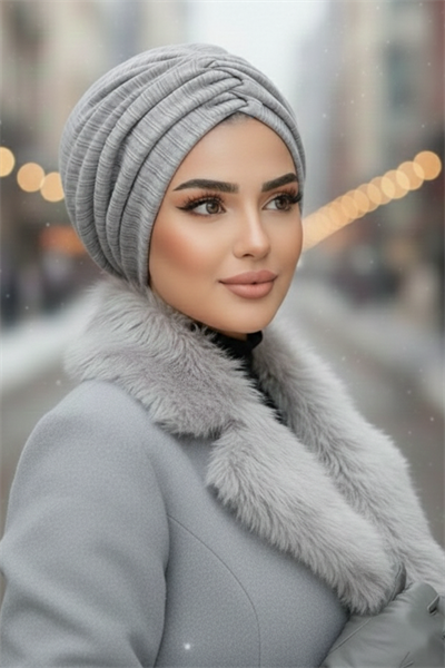 Beyaz Gri Kışlık Büzgülü Bone