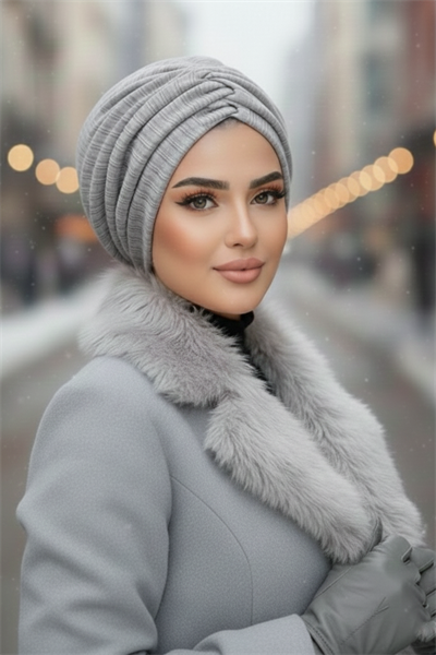 Beyaz Gri Kışlık Büzgülü Bone