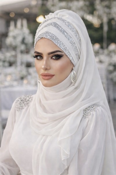 Beyaz Gümüş Drapeli Abiye Şal