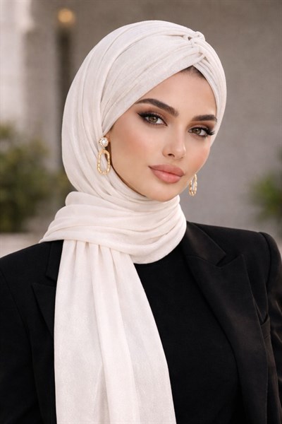 Beyaz Işıltılı Burgu Model Hazır Abiye Şal 