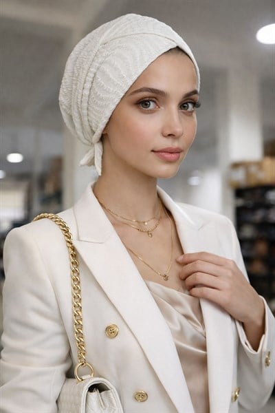 Beyaz Kendinden Desenli Çapraz Bantlı Bone