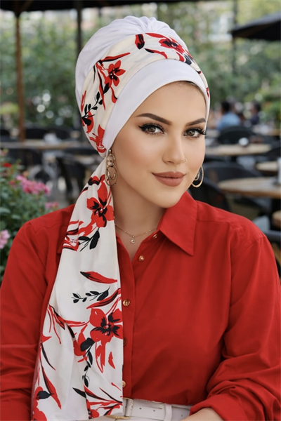 Beyaz Kırmızı Çiçek Desen Fularlı Bone