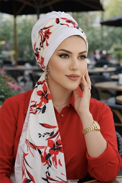 Beyaz Kırmızı Çiçek Desen Fularlı Bone