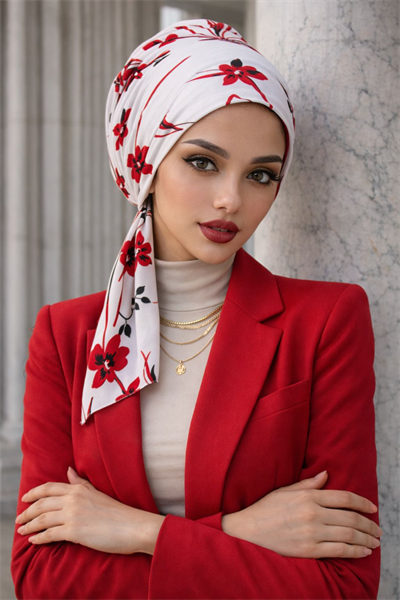 Beyaz Kırmızı Çiçekli Eşarp Bone