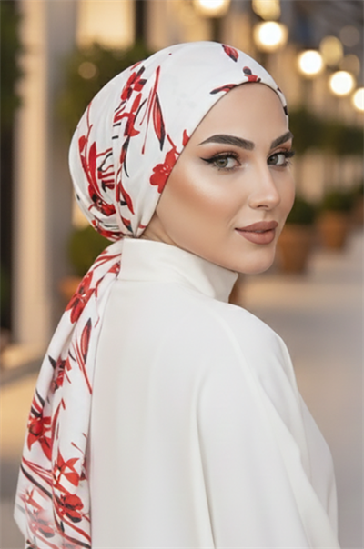 Beyaz Kırmızı Çiçekli Eşarp Bone