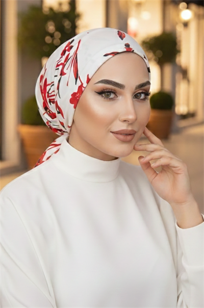 Beyaz Kırmızı Çiçekli Eşarp Bone